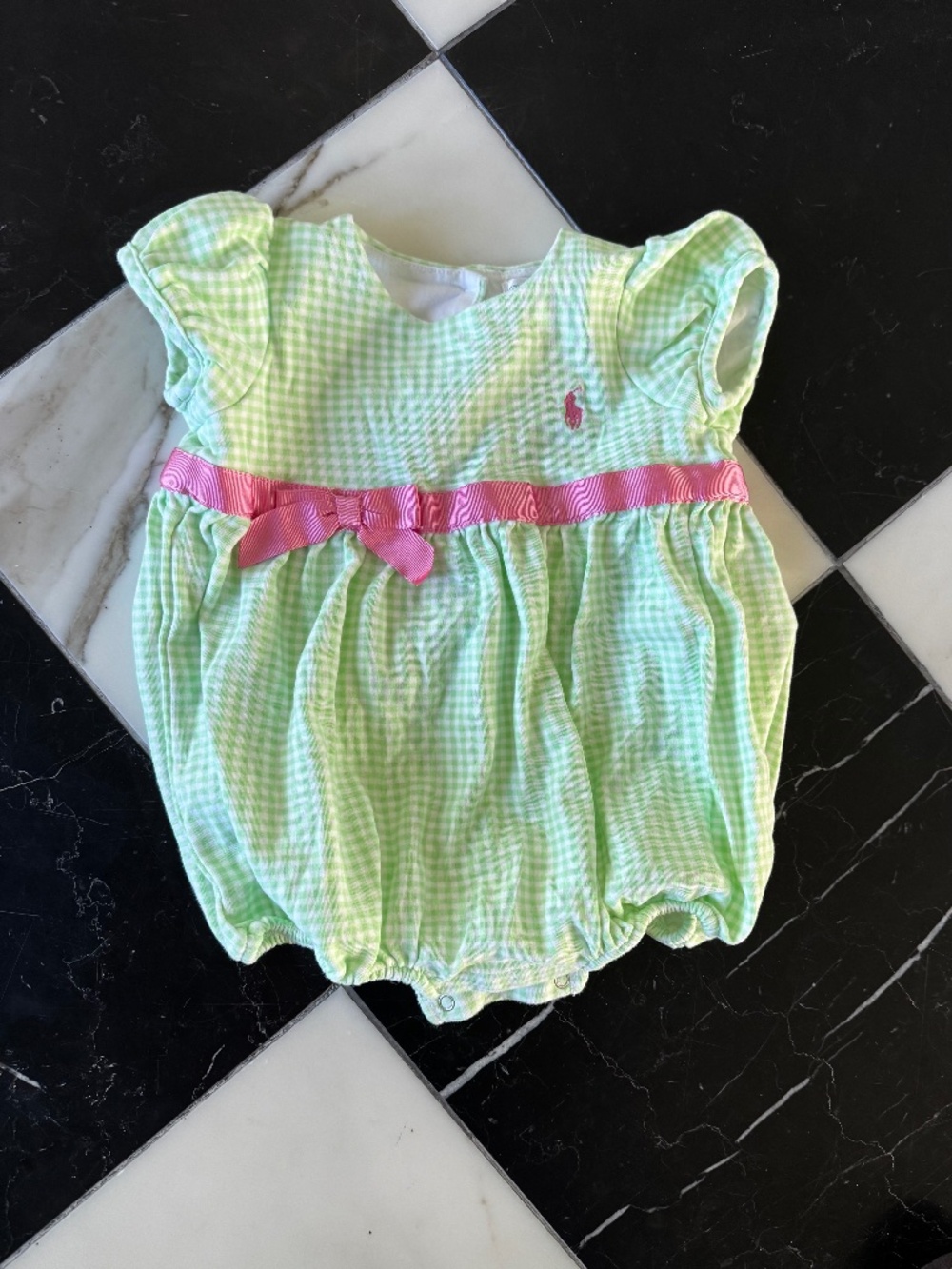 Ralph Lauren Green Gingham Bubble Romper with Pink Bow and Logo.